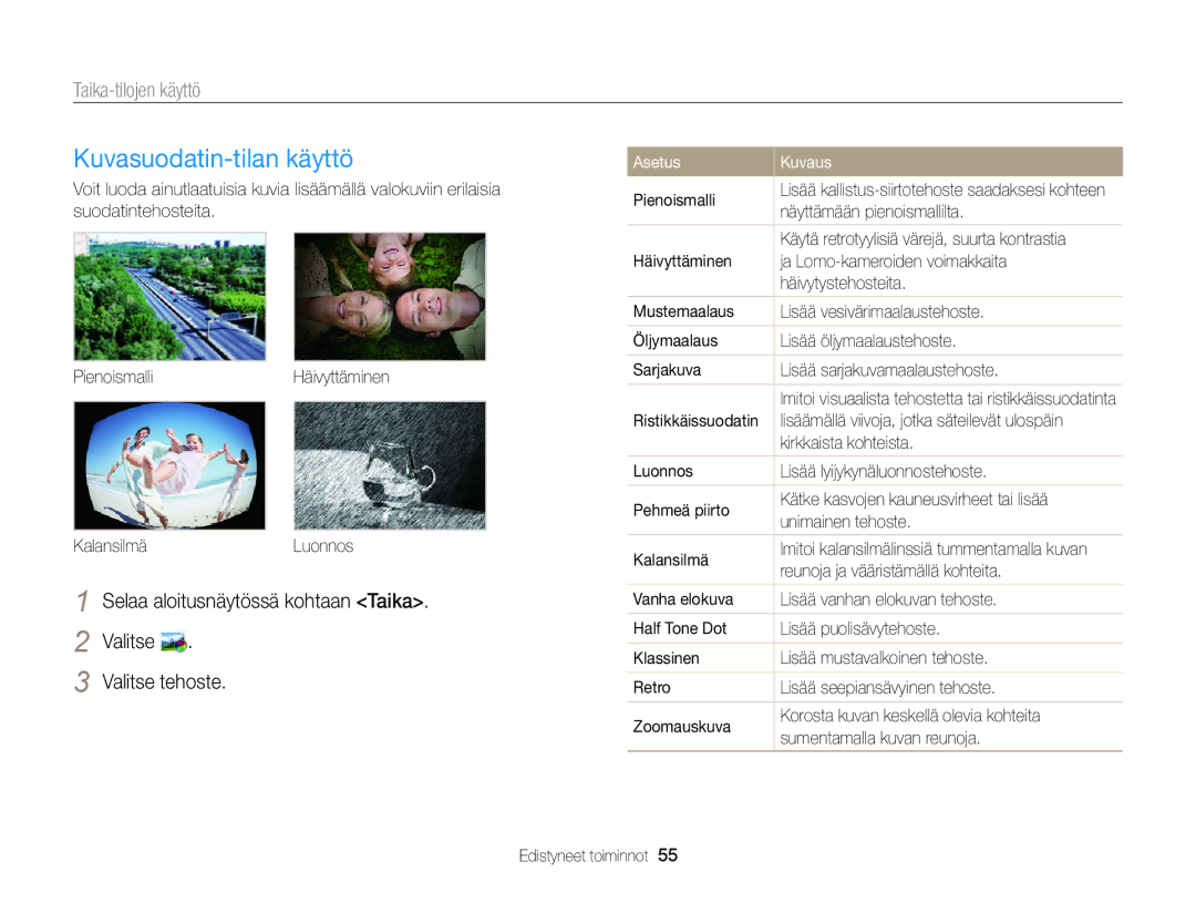 Samsung EC-DV300FBPUE2, EC-DV300ZBPUE2, EC-DV300ZBPBE2, EC-DV300FBPBE2 Kuvasuodatin-tilan käyttö, Valitse Valitse tehoste 