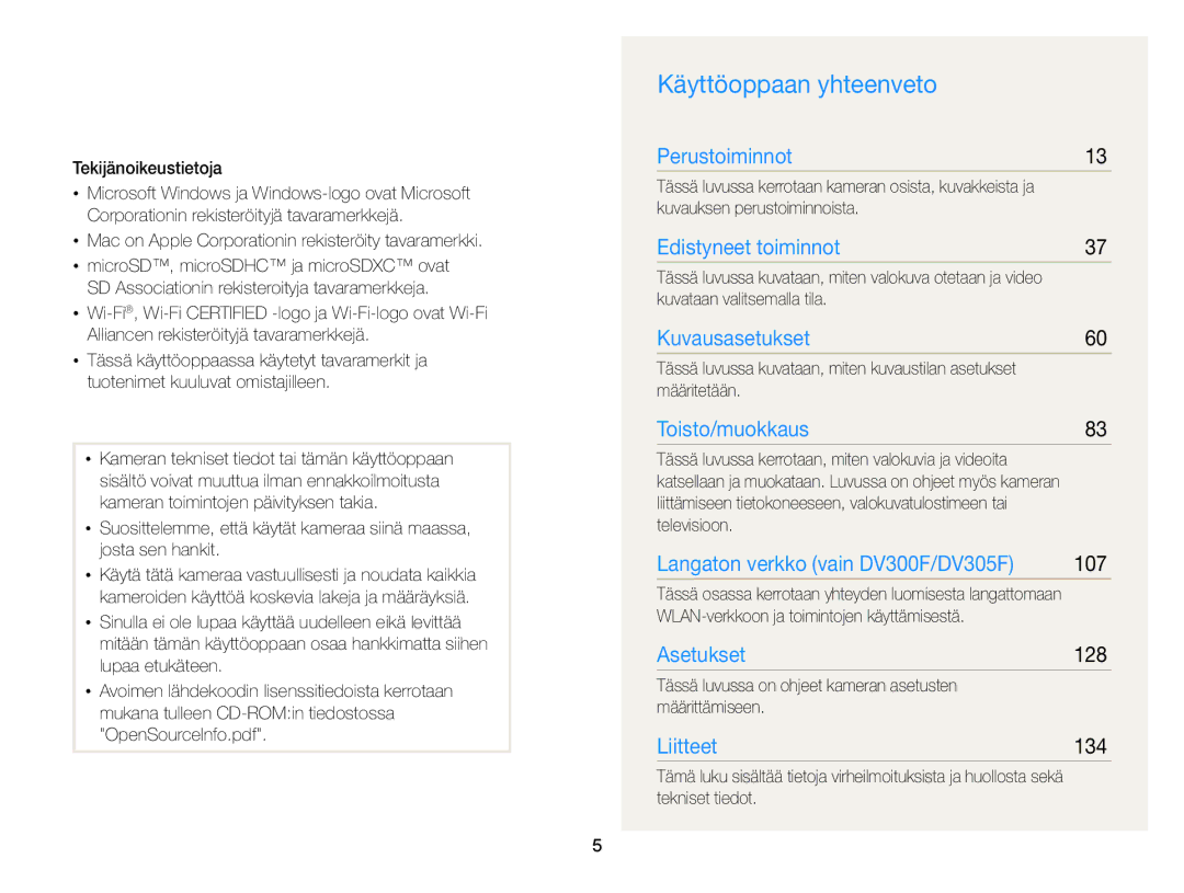 Samsung EC-DV300ZBPUE2, EC-DV300ZBPBE2, EC-DV300FBPUE2, EC-DV300FBPBE2, EC-DV300FBPRE2 Käyttöoppaan yhteenveto, 107, 128, 134 