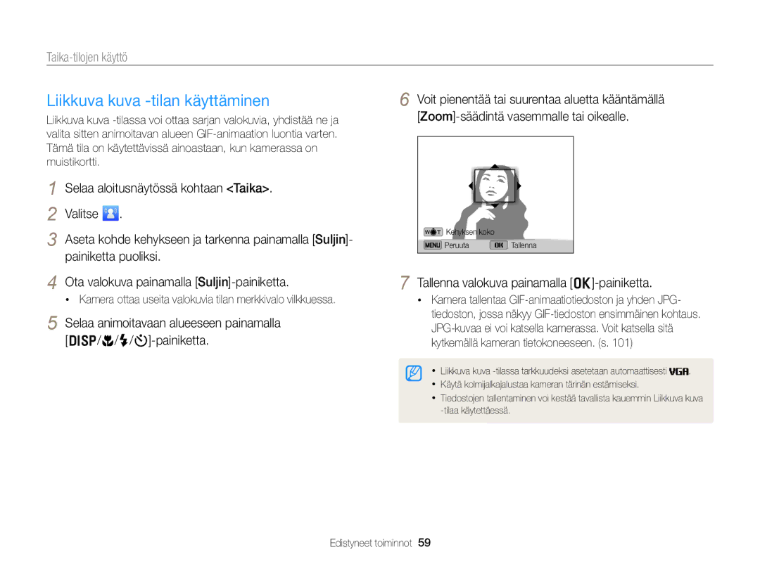 Samsung EC-DV300ZBPUE2, EC-DV300ZBPBE2 manual Liikkuva kuva -tilan käyttäminen, Selaa aloitusnäytössä kohtaan Taika Valitse 