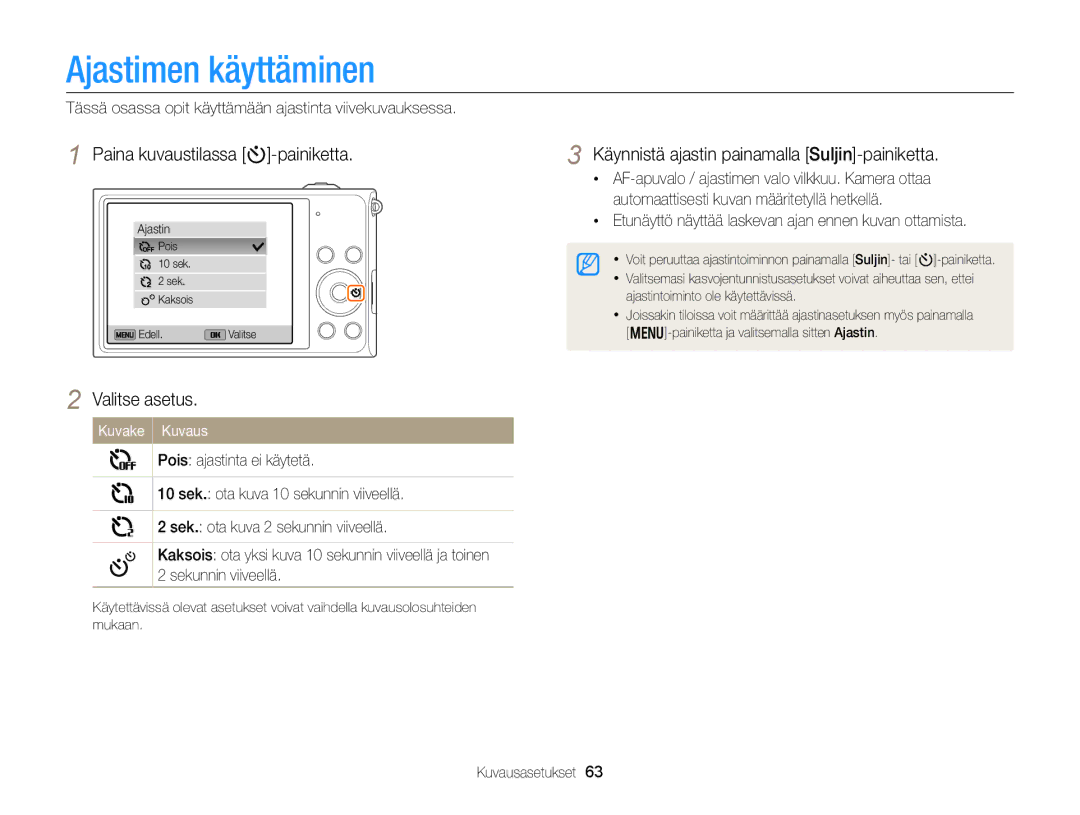 Samsung EC-DV300FBPRE2, EC-DV300ZBPUE2, EC-DV300ZBPBE2 manual Ajastimen käyttäminen, Paina kuvaustilassa t-painiketta 