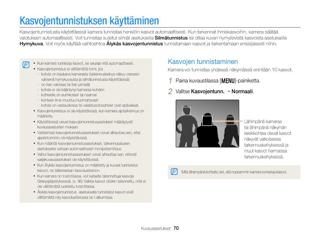 Samsung EC-DV300ZBPRE2, EC-DV300ZBPUE2, EC-DV300ZBPBE2 manual Kasvojentunnistuksen käyttäminen, Kasvojen tunnistaminen 