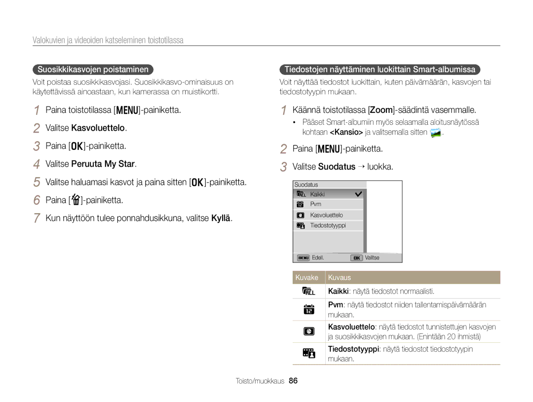 Samsung EC-DV300FBPBE2 manual Käännä toistotilassa Zoom-säädintä vasemmalle, Paina m-painiketta Valitse Suodatus ““luokka 