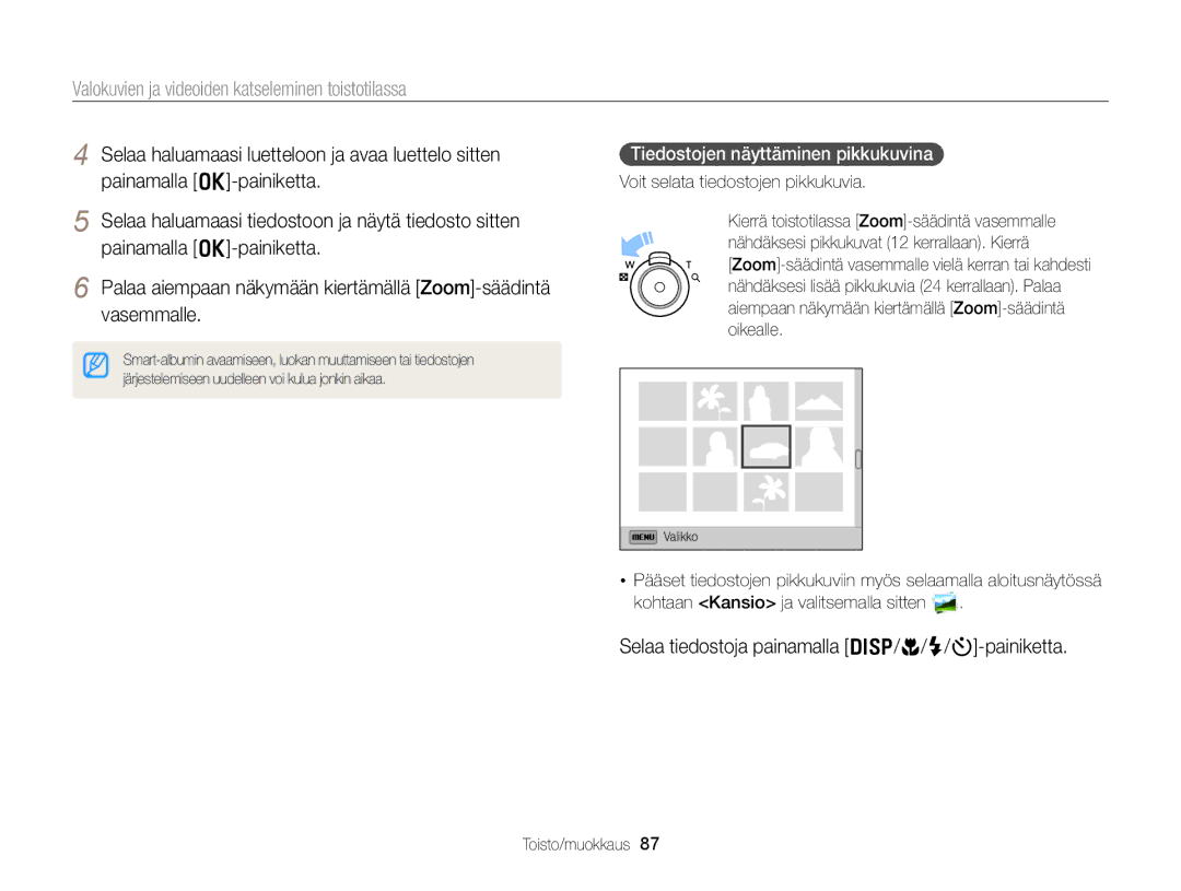 Samsung EC-DV300FBPRE2, EC-DV300ZBPUE2 Selaa tiedostoja painamalla D/c/F/t-painiketta, Tiedostojen näyttäminen pikkukuvina 