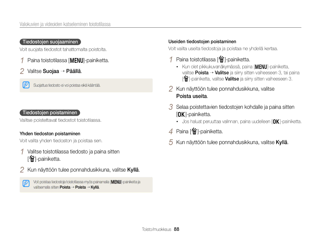 Samsung EC-DV300ZBPRE2 manual Paina toistotilassa m-painiketta Valitse Suojaa “ Päällä, Paina toistotilassa f-painiketta 