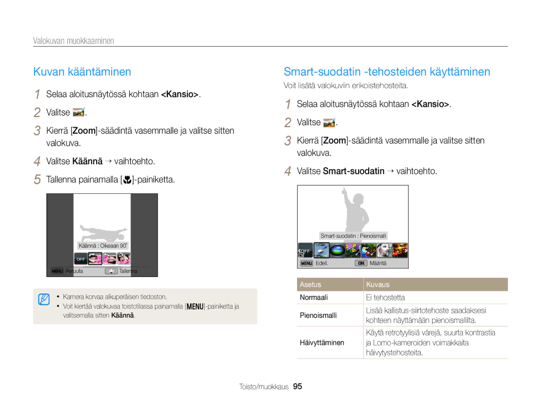 Samsung EC-DV300ZBPUE2, EC-DV300ZBPBE2 Kuvan kääntäminen, Smart-suodatin -tehosteiden käyttäminen, Valokuvan muokkaaminen 