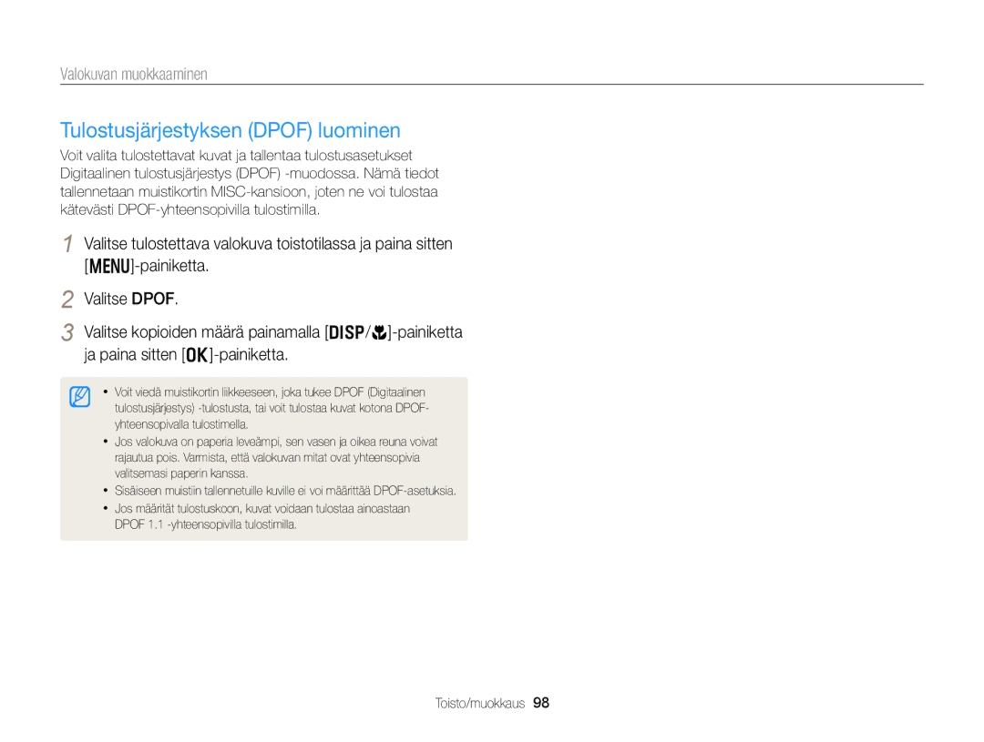 Samsung EC-DV300FBPBE2, EC-DV300ZBPUE2, EC-DV300ZBPBE2, EC-DV300FBPUE2, EC-DV300FBPRE2 Tulostusjärjestyksen Dpof luominen 