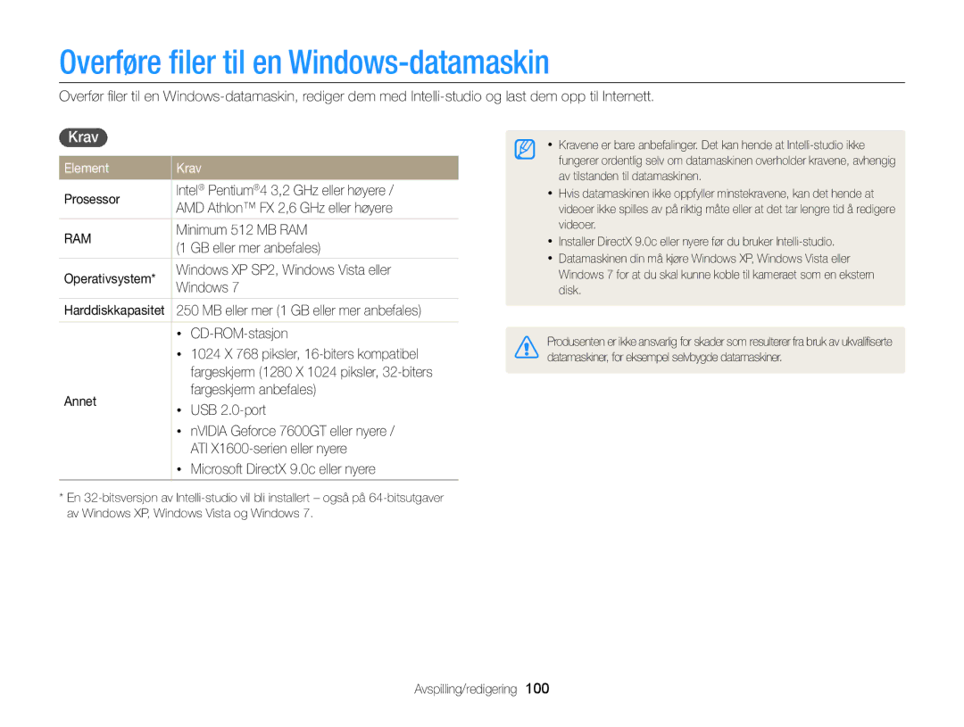 Samsung EC-DV300ZBPRE2, EC-DV300ZBPUE2, EC-DV300ZBPBE2 manual Overføre ﬁler til en Windows-datamaskin, Element Krav 