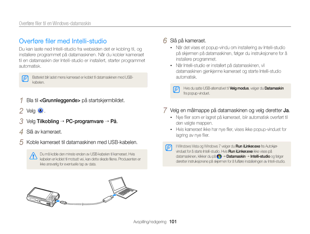 Samsung EC-DV300ZBPUE2, EC-DV300ZBPBE2 manual Overføre ﬁler med Intelli-studio, Overføre ﬁler til en Windows-datamaskin 