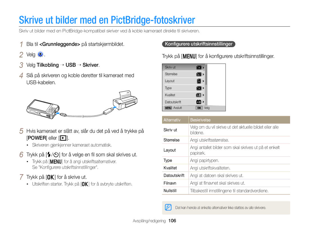 Samsung EC-DV300ZBPRE2 Skrive ut bilder med en PictBridge-fotoskriver, Trykk på F/t for å velge en ﬁl som skal skrives ut 