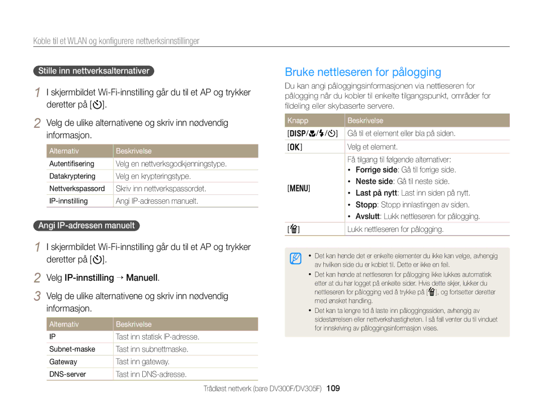 Samsung EC-DV300FBPUE2 Bruke nettleseren for pålogging, Koble til et Wlan og konﬁgurere nettverksinnstillinger, Knapp 