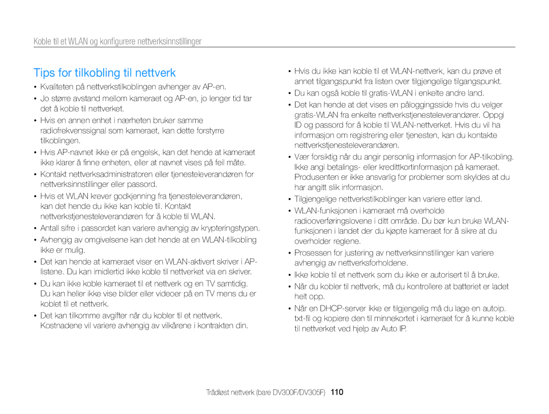 Samsung EC-DV300FBPBE2 manual Tips for tilkobling til nettverk, Du kan også koble til gratis-WLAN i enkelte andre land 