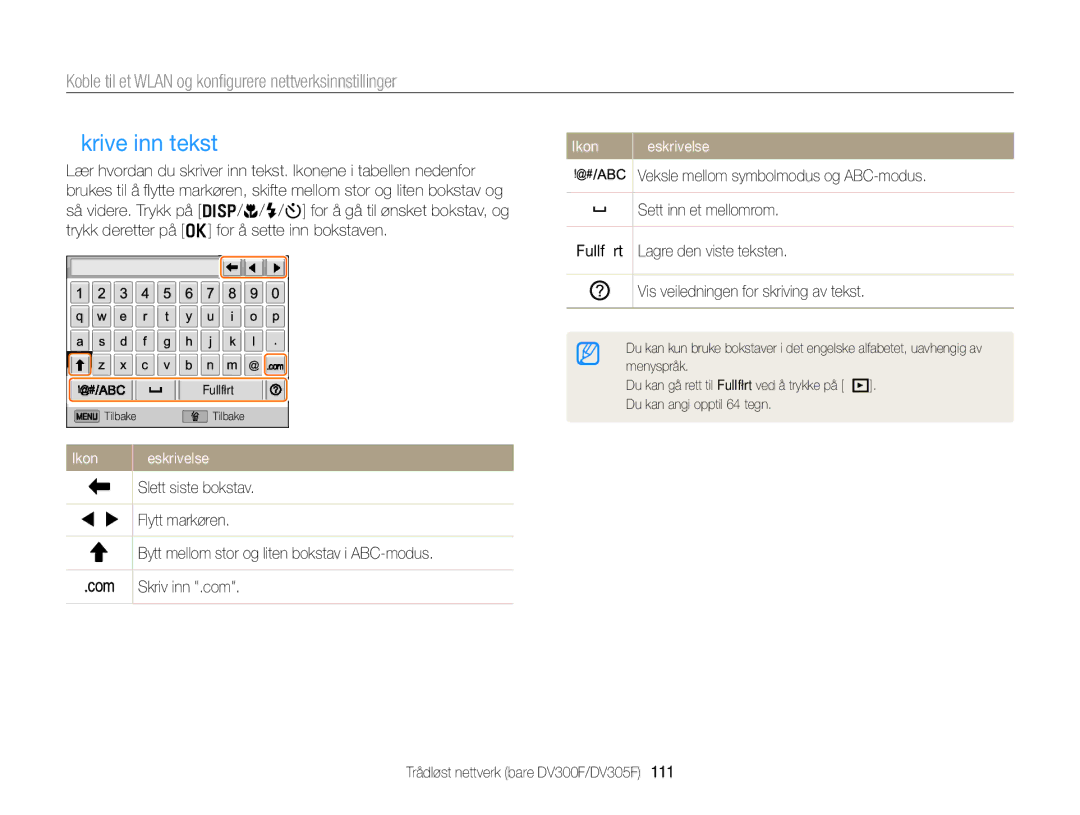 Samsung EC-DV300FBPRE2, EC-DV300ZBPUE2 Skrive inn tekst, Veksle mellom symbolmodus og ABC-modus, Sett inn et mellomrom 