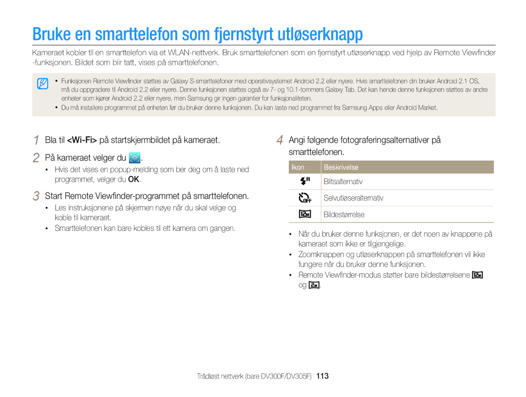 Samsung EC-DV300ZBPUE2 manual Bruke en smarttelefon som fjernstyrt utløserknapp, Blitsalternativ, Selvutløseralternativ 