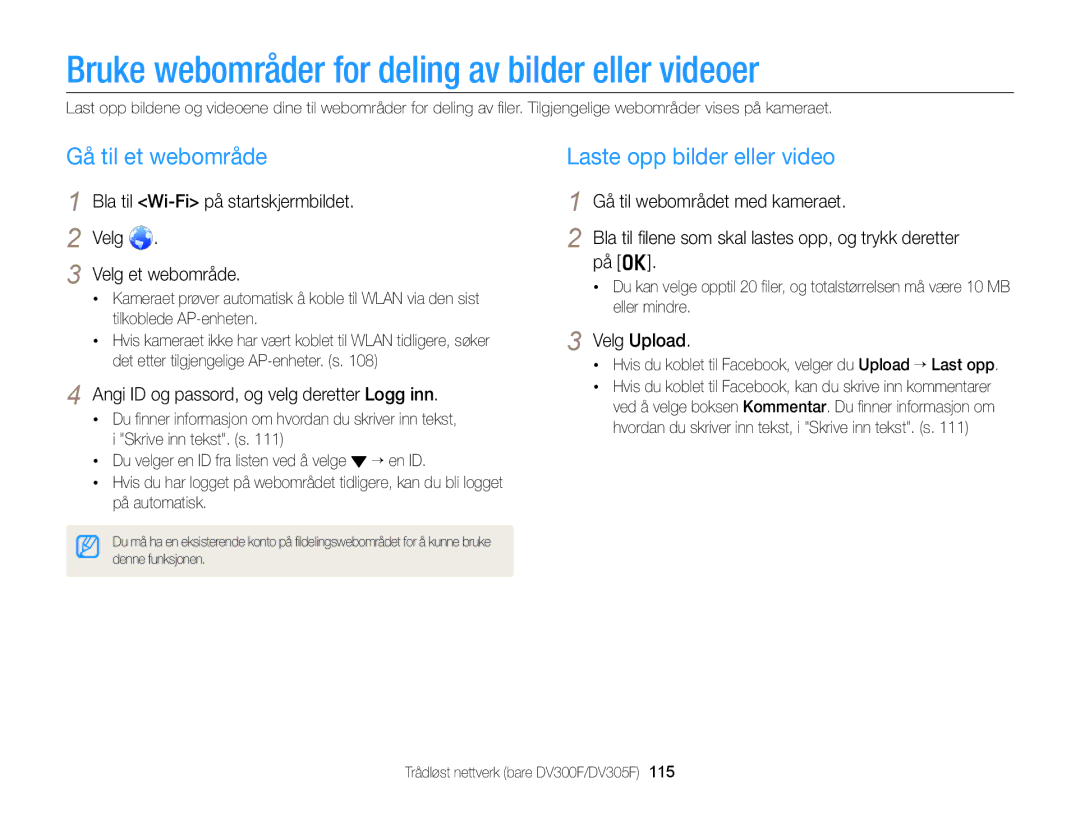 Samsung EC-DV300FBPUE2, EC-DV300ZBPUE2 manual Bruke webområder for deling av bilder eller videoer, Gå til et webområde 