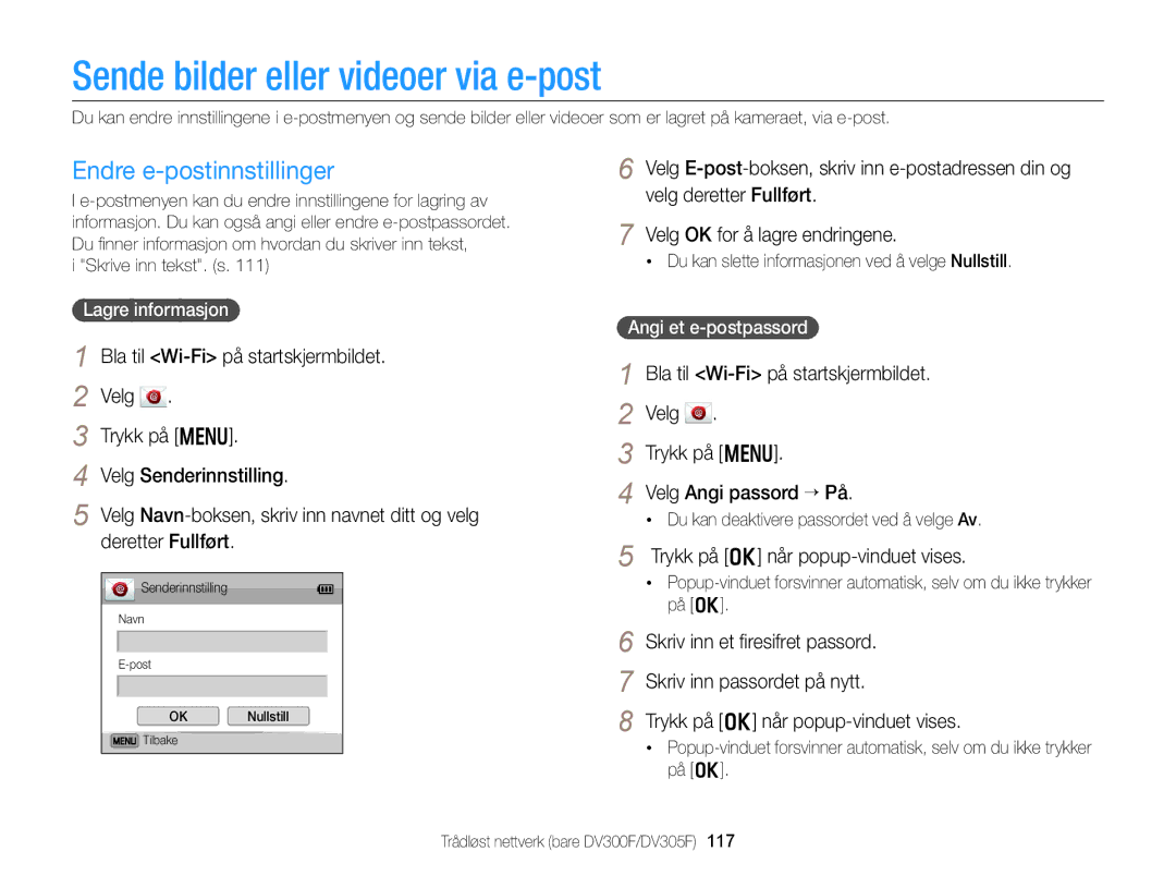 Samsung EC-DV300FBPRE2, EC-DV300ZBPUE2 Sende bilder eller videoer via e-post, Endre e-postinnstillinger, Lagre informasjon 