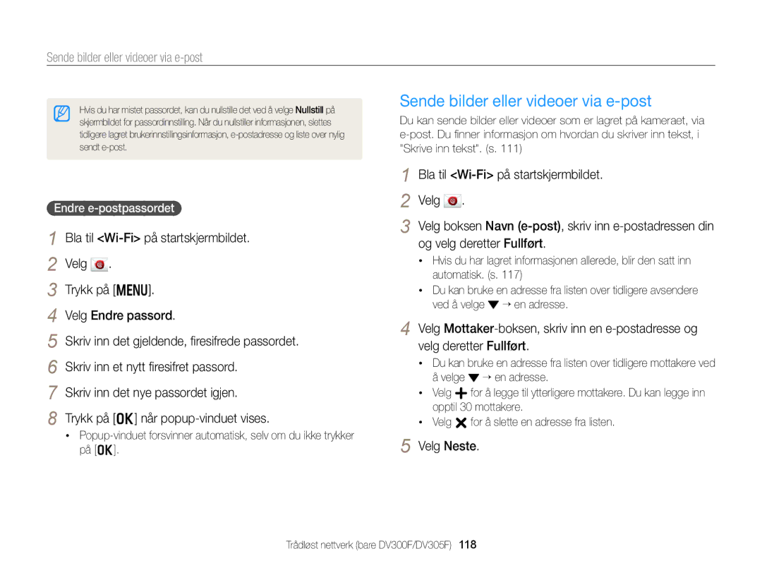 Samsung EC-DV300ZBPRE2, EC-DV300ZBPUE2 manual Sende bilder eller videoer via e-post, Velg Neste, Endre e-postpassordet 