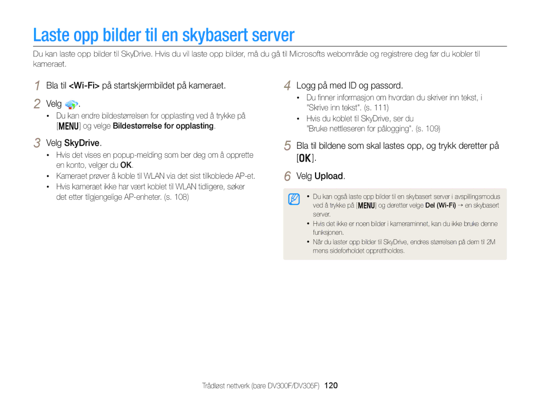 Samsung EC-DV300ZBPBE2 manual Laste opp bilder til en skybasert server, Bla til Wi-Fi på startskjermbildet på kameraet Velg 