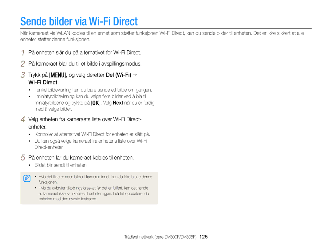 Samsung EC-DV300ZBPUE2 manual Sende bilder via Wi-Fi Direct, Trykk på m, og velg deretter Del Wi-Fi “ Wi-Fi Direct 