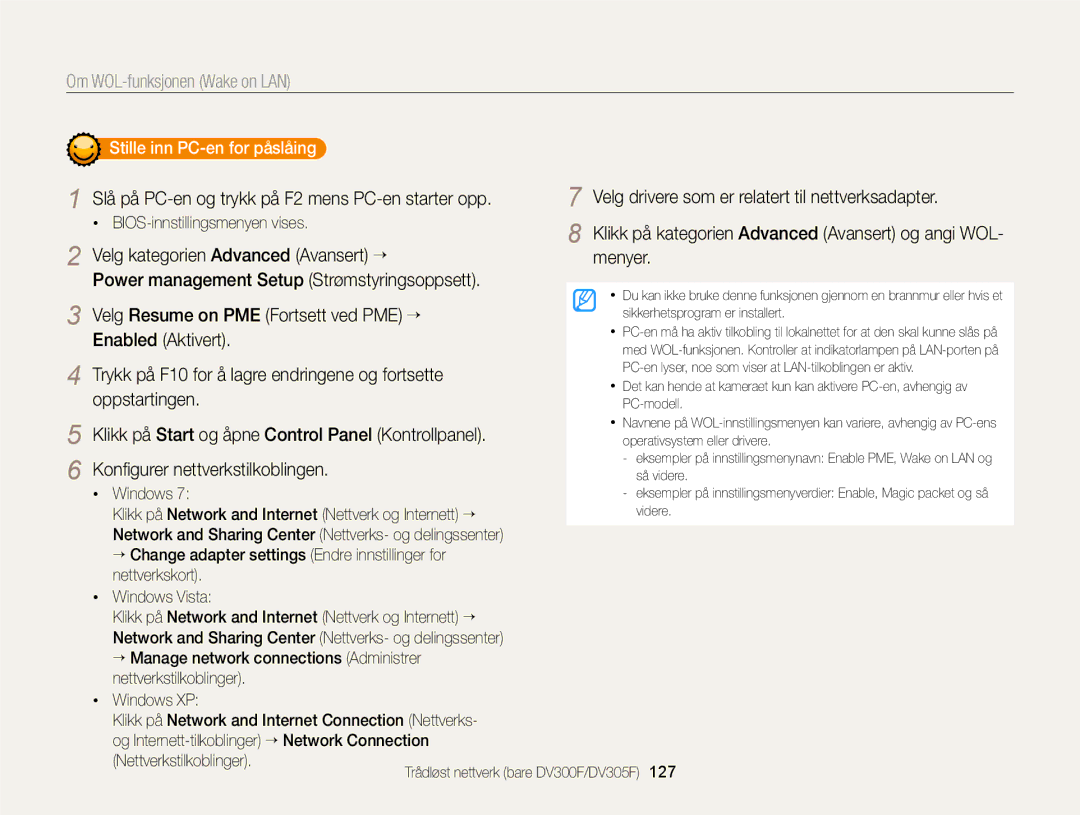 Samsung EC-DV300FBPUE2, EC-DV300ZBPUE2, EC-DV300ZBPBE2, EC-DV300FBPBE2, EC-DV300FBPRE2 manual Om WOL-funksjonen Wake on LAN 