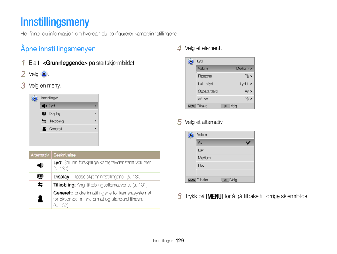 Samsung EC-DV300FBPRE2 manual Innstillingsmeny, Velg et element, Trykk på m for å gå tilbake til forrige skjermbilde 