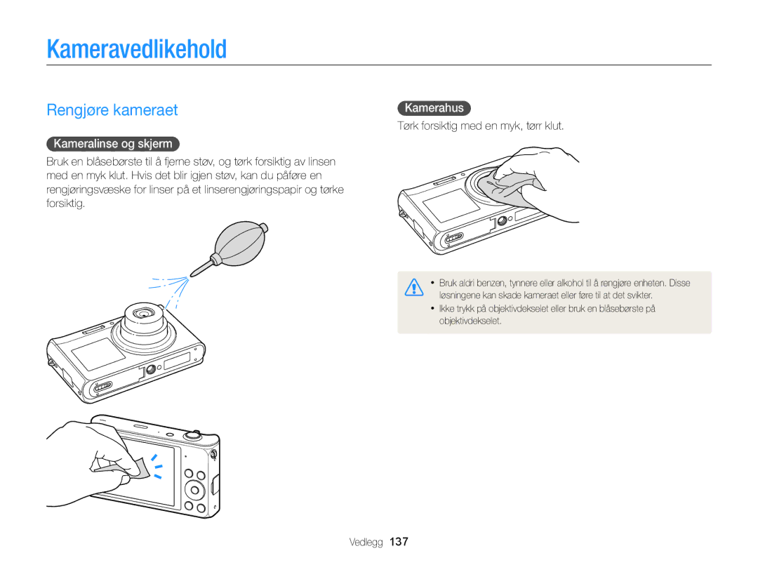 Samsung EC-DV300ZBPUE2, EC-DV300ZBPBE2 manual Kameravedlikehold, Rengjøre kameraet, Kameralinse og skjerm, Kamerahus 