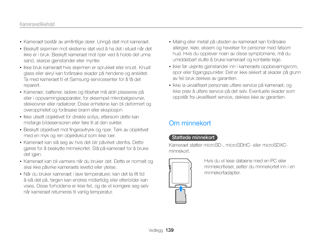 Samsung EC-DV300FBPUE2, EC-DV300ZBPUE2, EC-DV300ZBPBE2, EC-DV300FBPBE2, EC-DV300FBPRE2 manual Om minnekort, Støttede minnekort 