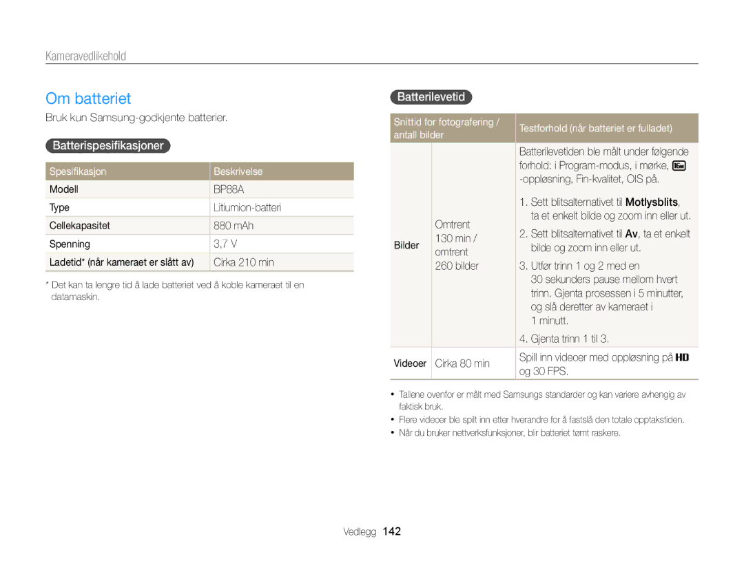 Samsung EC-DV300ZBPRE2 manual Om batteriet, Batterispesiﬁkasjoner, Batterilevetid, Spesiﬁkasjon Beskrivelse, Antall bilder 