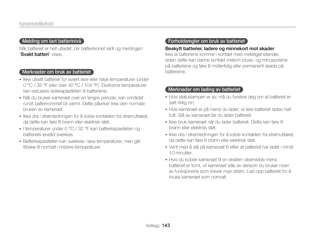 Samsung EC-DV300ZBPUE2 Melding om lavt batterinivå, Merknader om bruk av batteriet, Forholdsregler om bruk av batteriet 