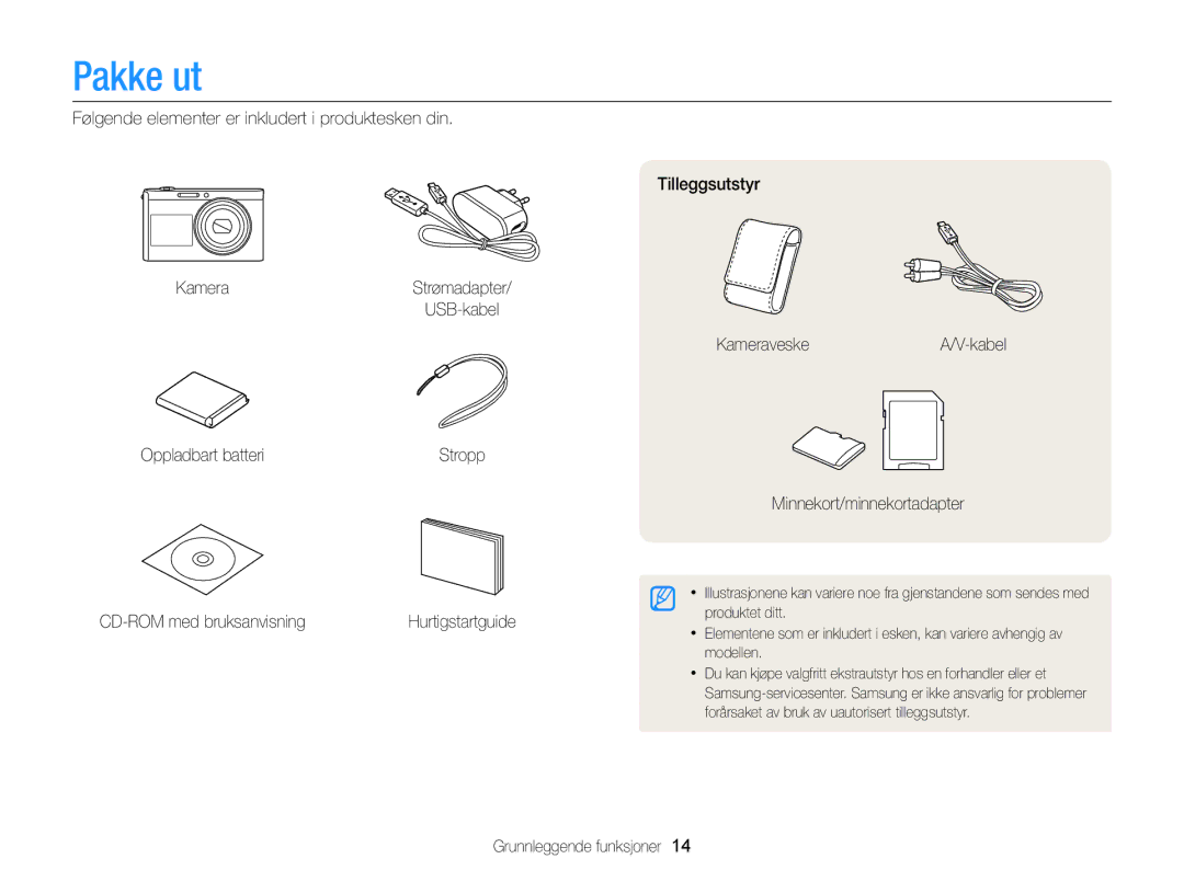 Samsung EC-DV300FBPBE2 manual Pakke ut, Følgende elementer er inkludert i produktesken din Kamera, Oppladbart batteri 