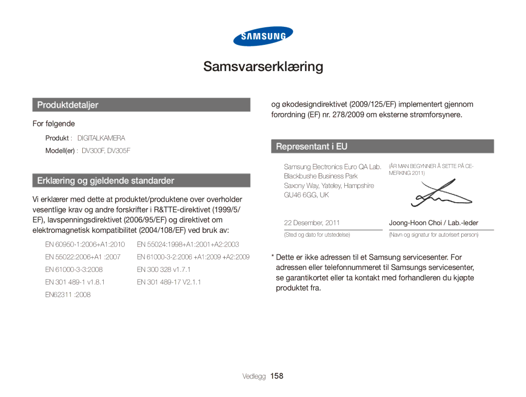 Samsung EC-DV300FBPBE2, EC-DV300ZBPUE2, EC-DV300ZBPBE2, EC-DV300FBPUE2, EC-DV300FBPRE2 manual Samsvarserklæring, For følgende 