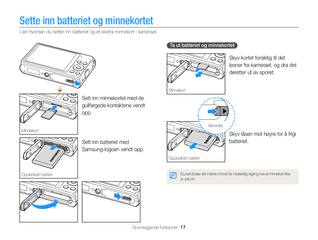 Samsung EC-DV300ZBPUE2, EC-DV300ZBPBE2 manual Sette inn batteriet og minnekortet, Skyv låsen mot høyre for å frigi batteriet 