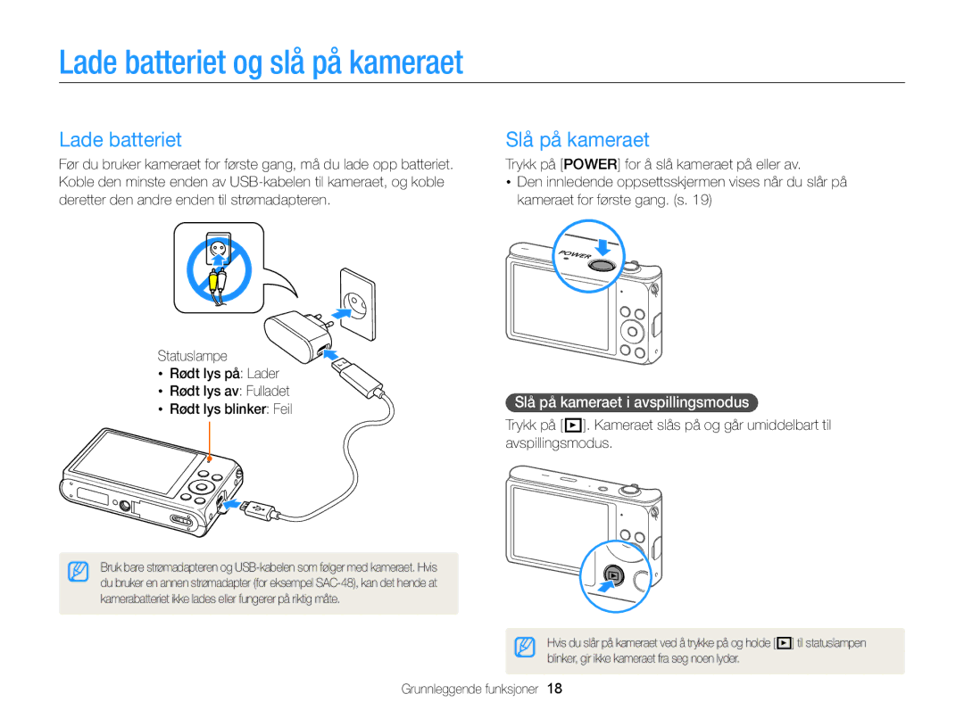 Samsung EC-DV300ZBPBE2, EC-DV300ZBPUE2 manual Lade batteriet og slå på kameraet, Slå på kameraet i avspillingsmodus 