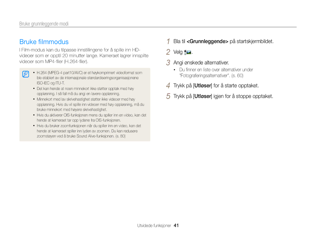 Samsung EC-DV300ZBPUE2, EC-DV300ZBPBE2, EC-DV300FBPUE2, EC-DV300FBPBE2, EC-DV300FBPRE2, EC-DV300ZBPRE2 manual Bruke ﬁlmmodus 