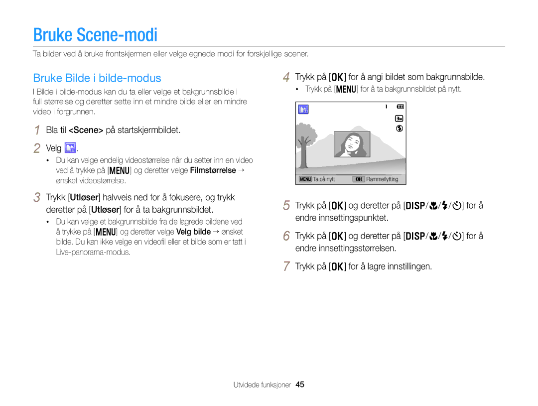 Samsung EC-DV300FBPRE2 manual Bruke Scene-modi, Bruke Bilde i bilde-modus, Bla til Scene på startskjermbildet Velg 