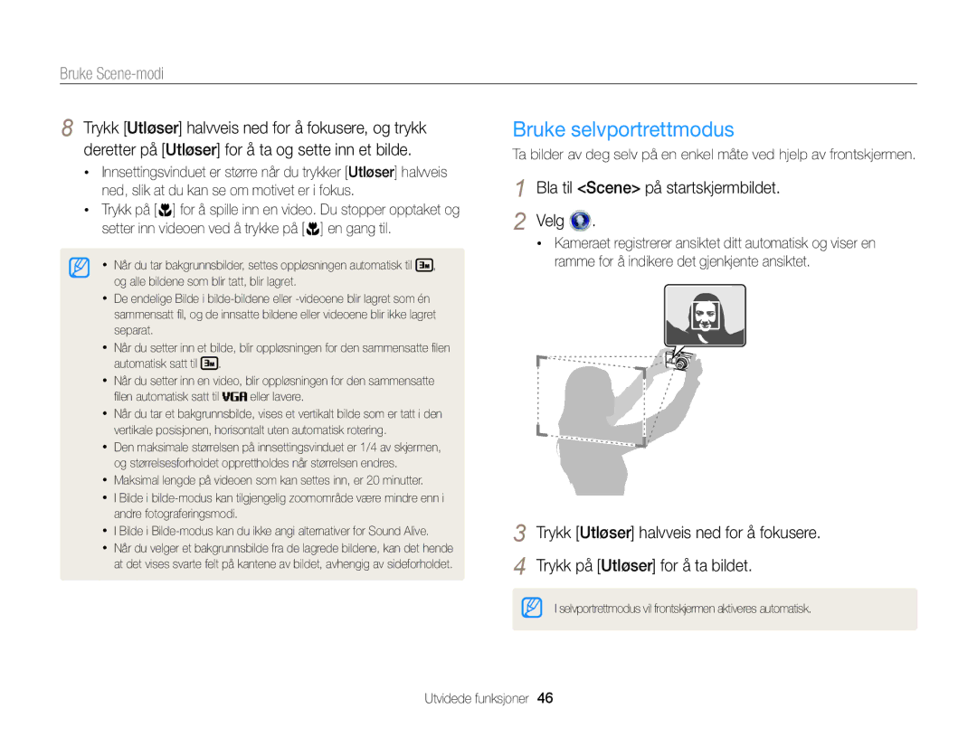 Samsung EC-DV300ZBPRE2, EC-DV300ZBPUE2, EC-DV300ZBPBE2, EC-DV300FBPUE2 manual Bruke selvportrettmodus, Bruke Scene-modi 