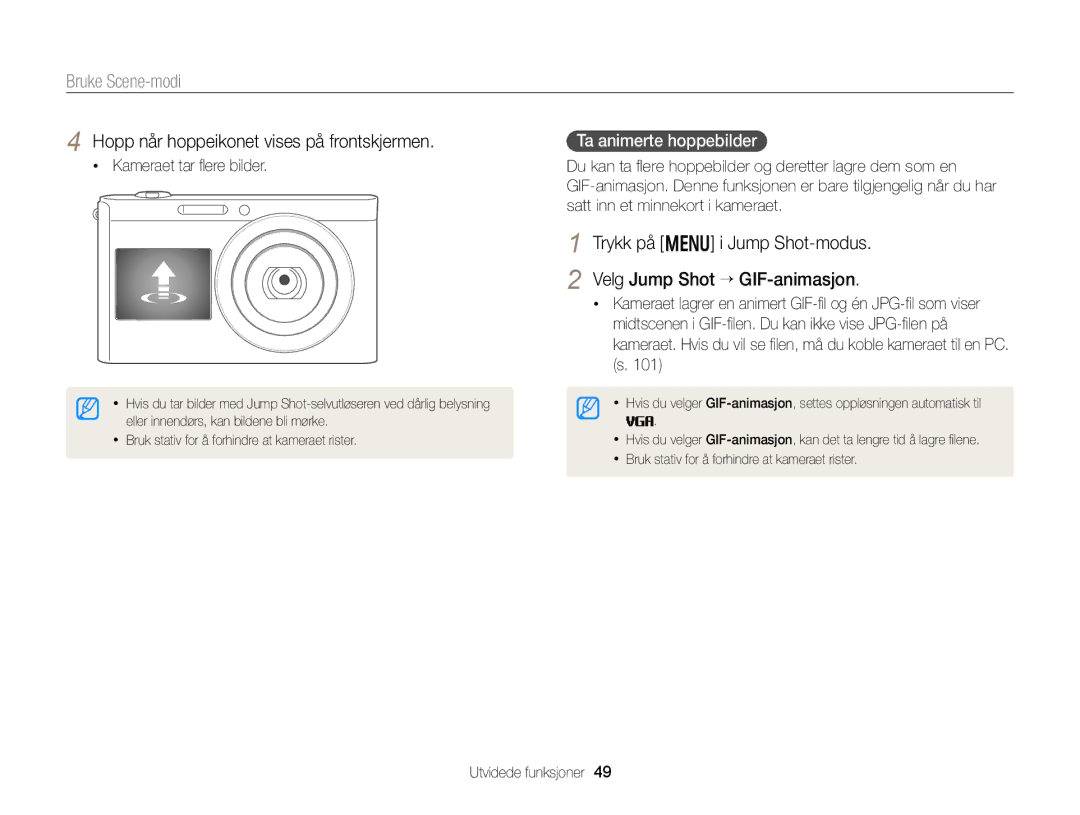 Samsung EC-DV300FBPUE2 Hopp når hoppeikonet vises på frontskjermen, Kameraet tar ﬂere bilder, Ta animerte hoppebilder 