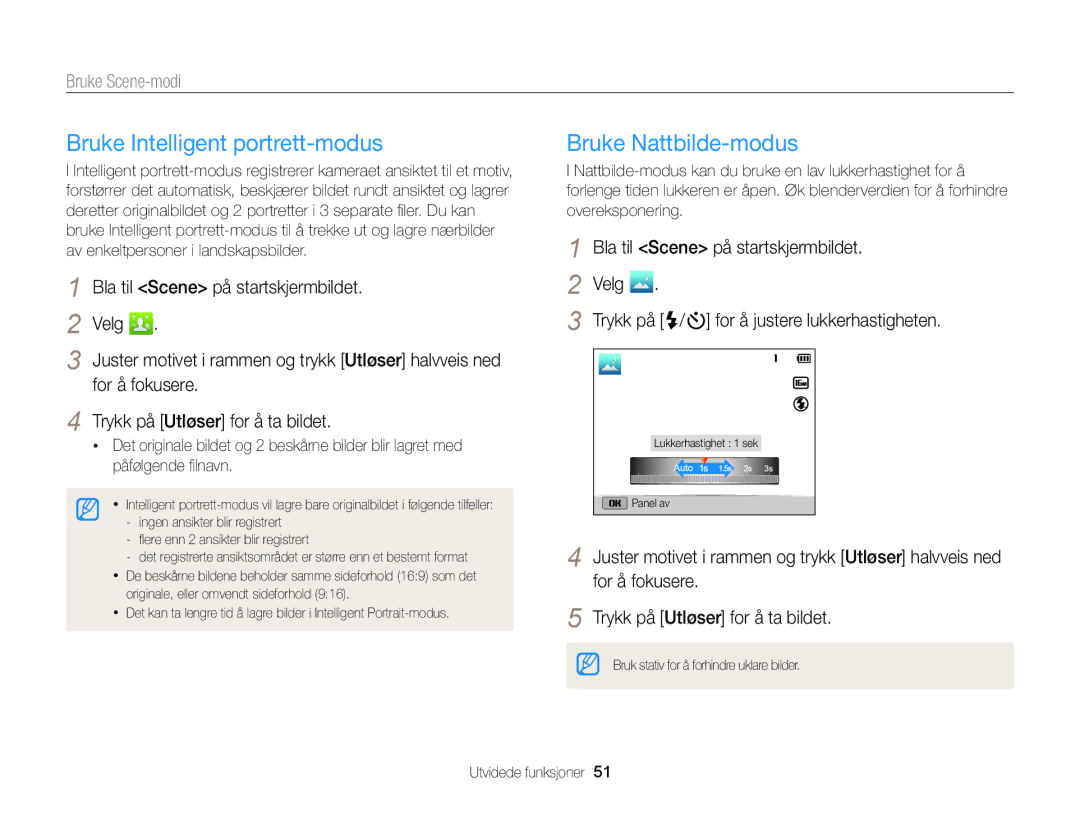 Samsung EC-DV300FBPRE2, EC-DV300ZBPUE2, EC-DV300ZBPBE2 manual Bruke Intelligent portrett-modus, Bruke Nattbilde-modus 