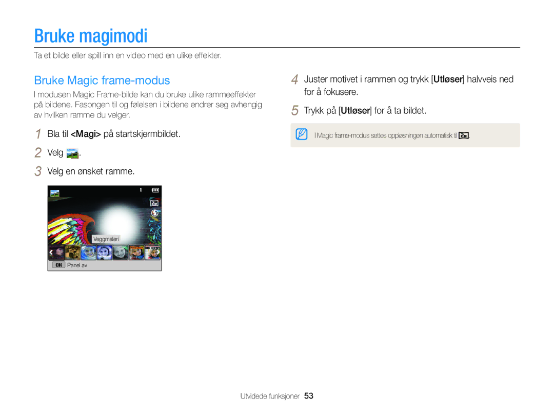 Samsung EC-DV300ZBPUE2 Bruke magimodi, Bruke Magic frame-modus, Ta et bilde eller spill inn en video med en ulike effekter 