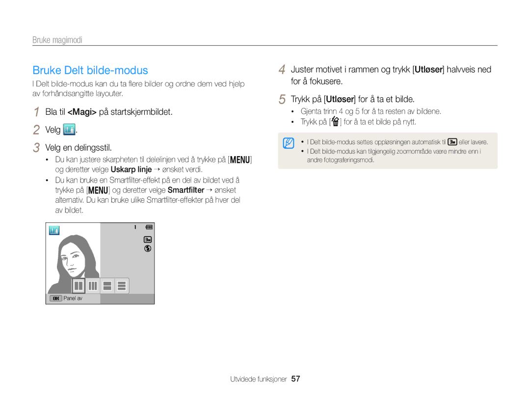 Samsung EC-DV300FBPRE2 Bruke Delt bilde-modus, For å fokusere, Velg en delingsstil, Trykk på f for å ta et bilde på nytt 