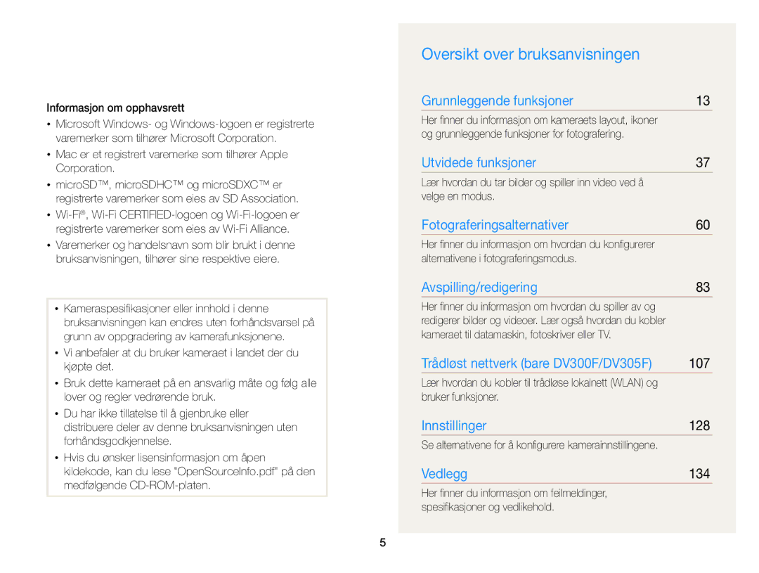 Samsung EC-DV300ZBPUE2, EC-DV300ZBPBE2, EC-DV300FBPUE2, EC-DV300FBPBE2 manual Oversikt over bruksanvisningen, 107, 128, 134 