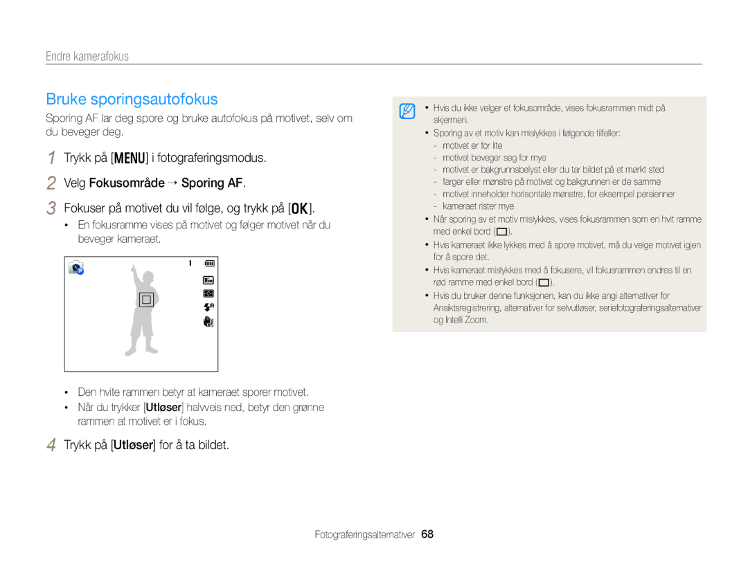 Samsung EC-DV300FBPBE2, EC-DV300ZBPUE2, EC-DV300ZBPBE2, EC-DV300FBPUE2 manual Bruke sporingsautofokus, Endre kamerafokus 