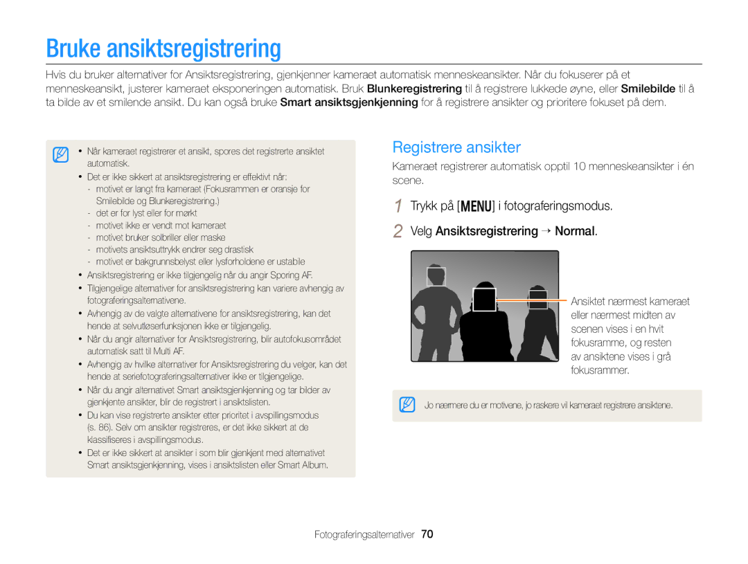 Samsung EC-DV300ZBPRE2 manual Bruke ansiktsregistrering, Registrere ansikter, Av ansiktene vises i grå fokusrammer 