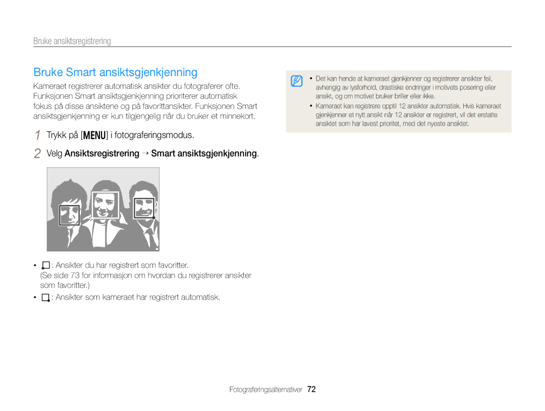 Samsung EC-DV300ZBPBE2, EC-DV300ZBPUE2, EC-DV300FBPUE2, EC-DV300FBPBE2, EC-DV300FBPRE2 manual Bruke Smart ansiktsgjenkjenning 