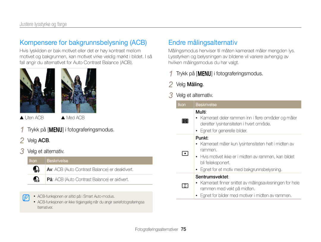 Samsung EC-DV300FBPRE2 manual Kompensere for bakgrunnsbelysning ACB, Endre målingsalternativ, Justere lysstyrke og farge 