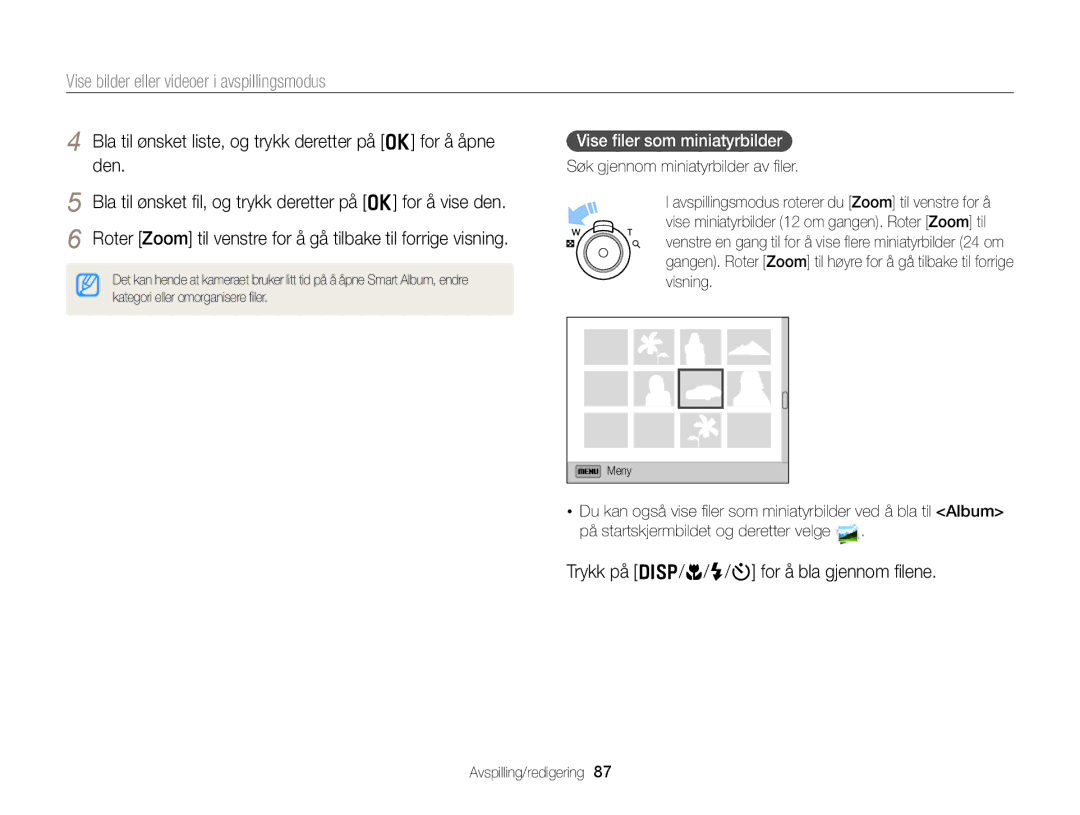 Samsung EC-DV300FBPRE2 manual Bla til ønsket liste, og trykk deretter på o for å åpne den, Vise ﬁler som miniatyrbilder 