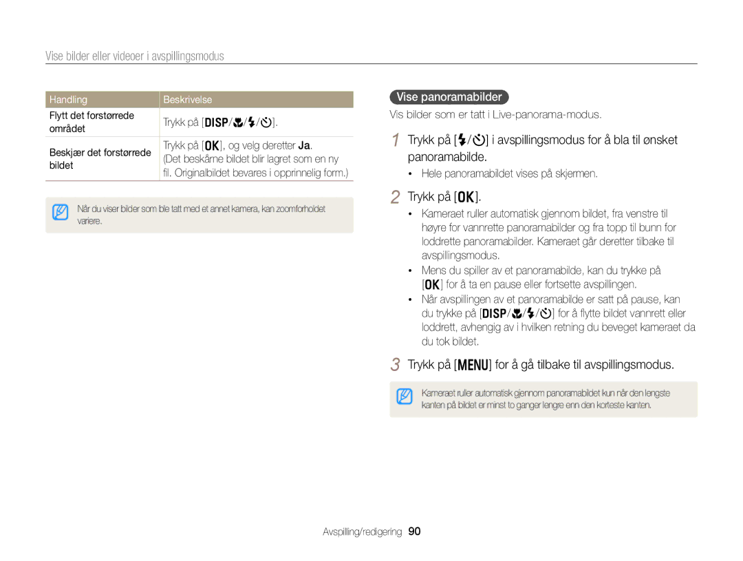Samsung EC-DV300ZBPBE2 manual Trykk på m for å gå tilbake til avspillingsmodus, Vise panoramabilder, Handling Beskrivelse 