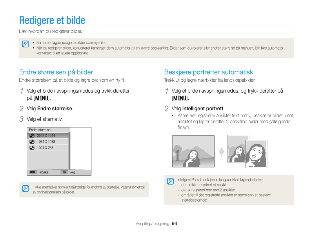 Samsung EC-DV300ZBPRE2, EC-DV300ZBPUE2 manual Redigere et bilde, Endre størrelsen på bilder, Beskjære portretter automatisk 
