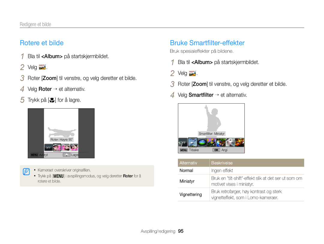 Samsung EC-DV300ZBPUE2 Rotere et bilde, Bruke Smartﬁlter-effekter, Redigere et bilde, Bruk spesialeffekter på bildene 