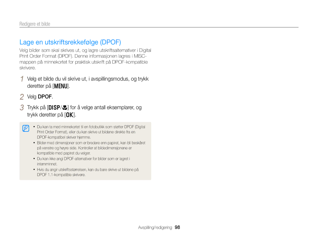 Samsung EC-DV300FBPBE2, EC-DV300ZBPUE2, EC-DV300ZBPBE2, EC-DV300FBPUE2, EC-DV300FBPRE2 manual Lage en utskriftsrekkefølge Dpof 