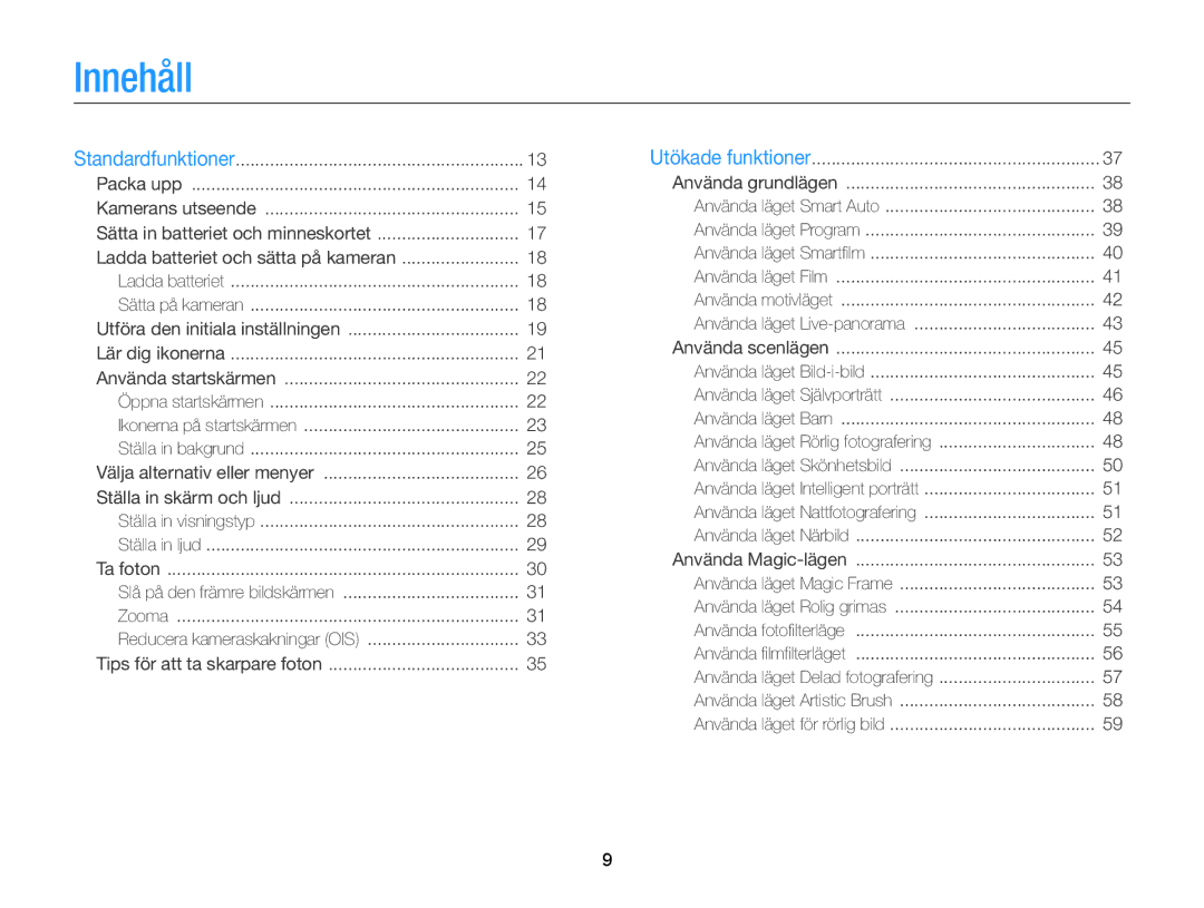 Samsung EC-DV300FBPRE2, EC-DV300ZBPUE2, EC-DV300ZBPBE2, EC-DV300FBPUE2, EC-DV300FBPBE2, EC-DV300ZBPRE2 manual Innehåll 